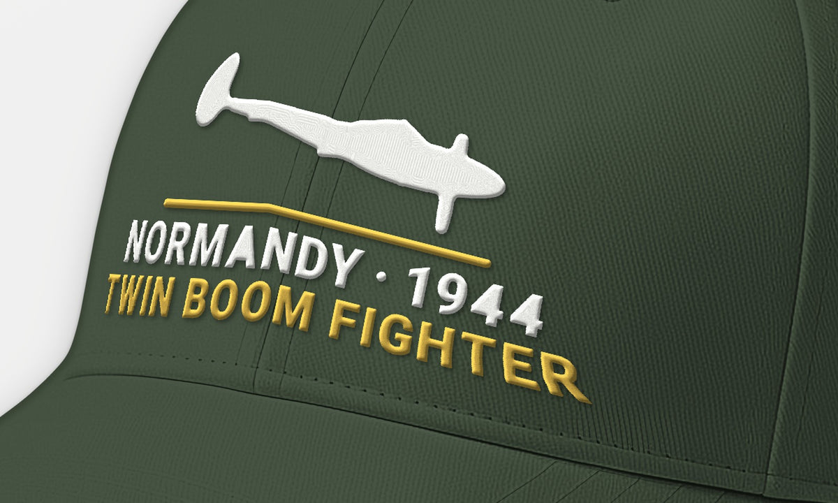Normandy 1944 Twin-Boom Fighter Embroidered Cap, embroidery detail: our side-view silhouette of a P-38, no markings