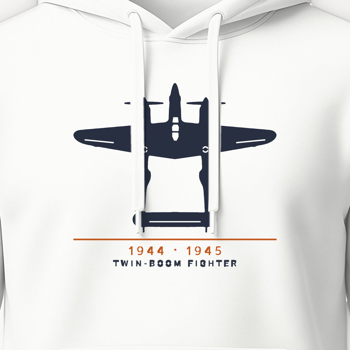 Twin-Boom Fighter 1944–45 Hoodie, front print detail: our top-view drawing of a P-38J/L, no markings