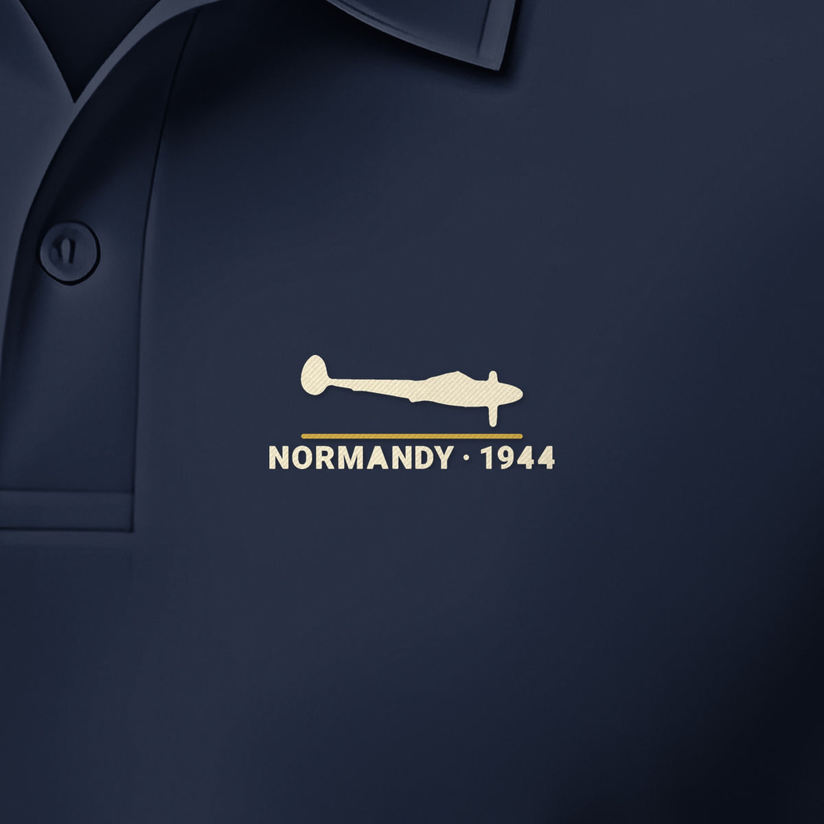 Normandy 1944 Polo, embroidery detail: our side-view silhouette of a P-38, no markings