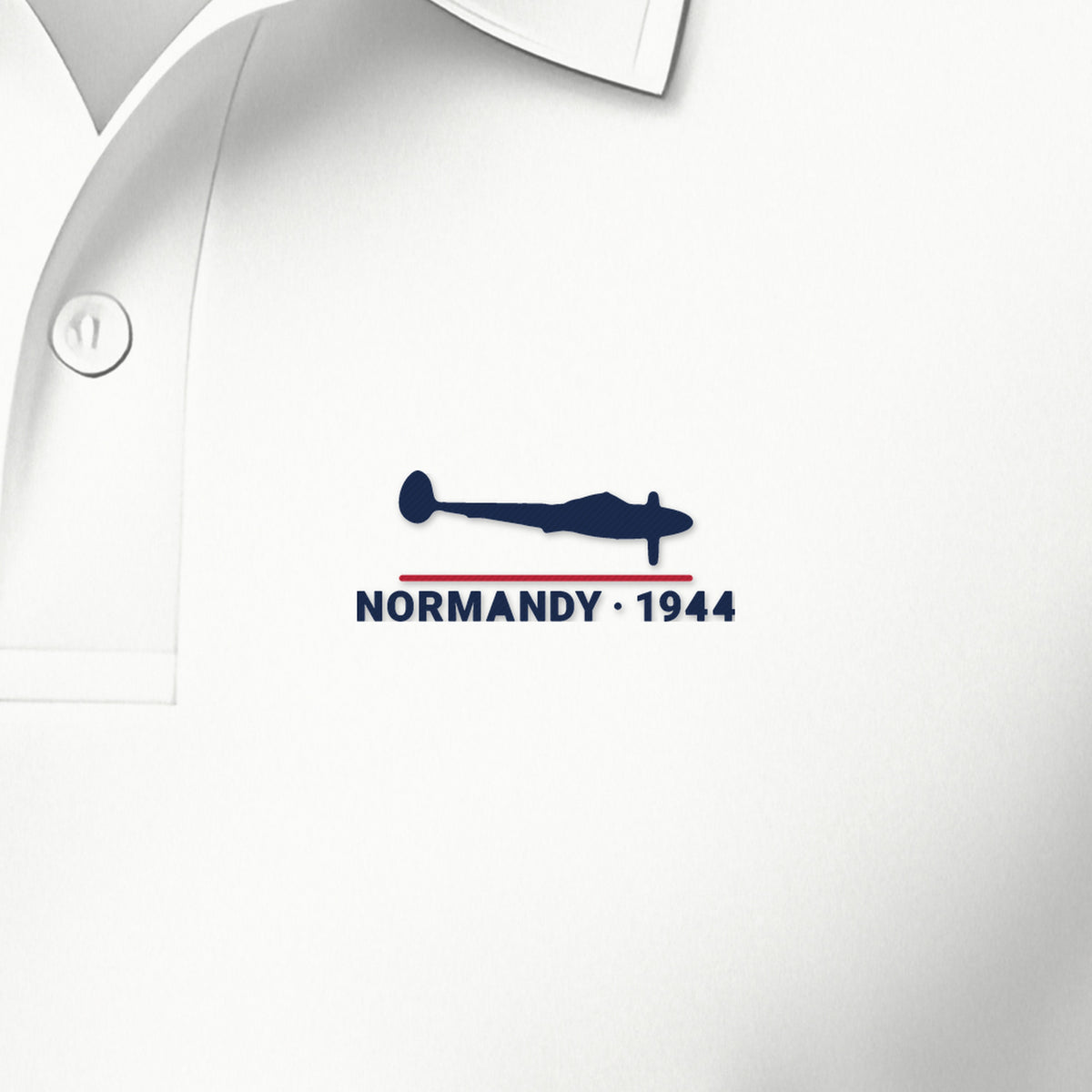 Normandy 1944 Polo, embroidery detail: our side-view silhouette of a P-38, no markings