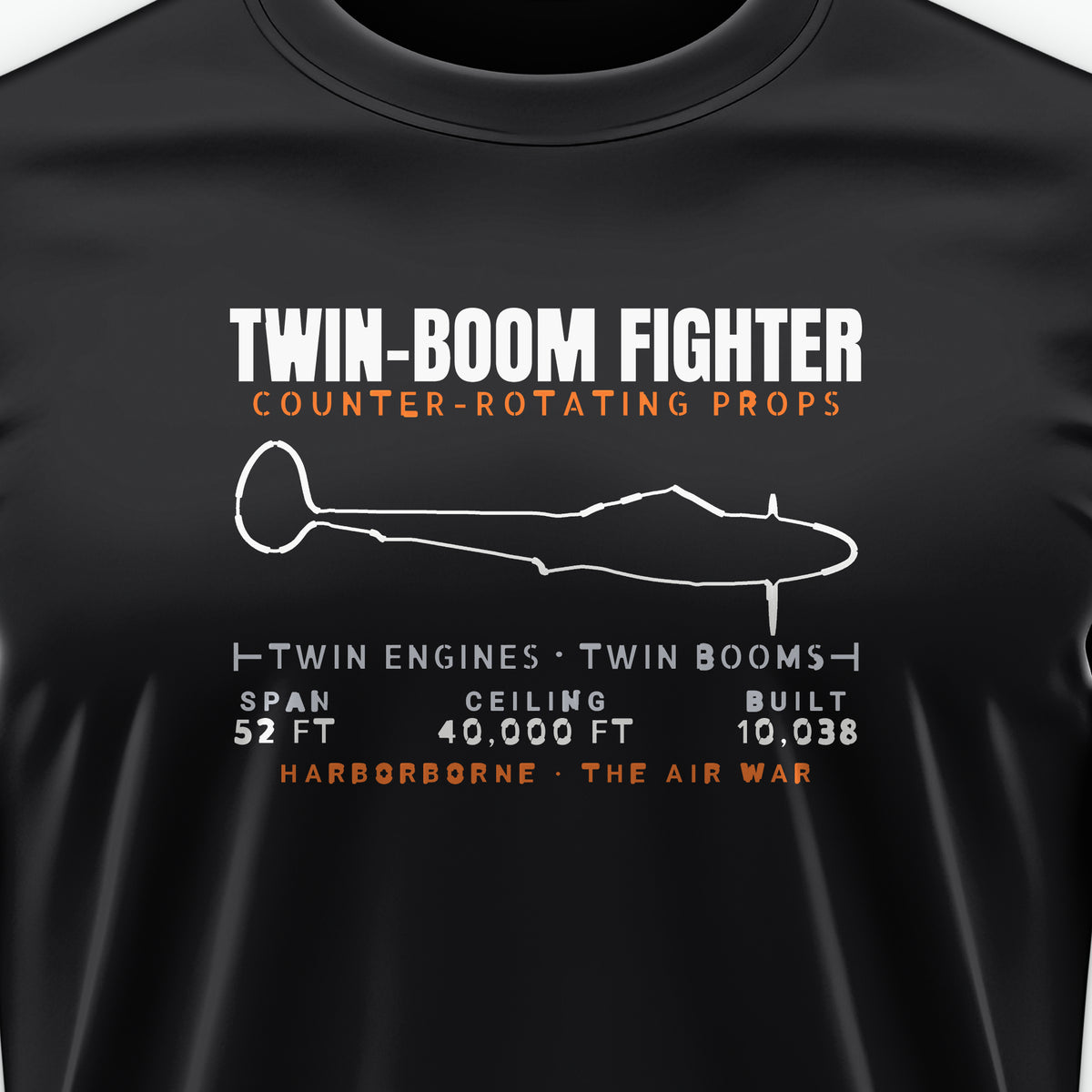 Twin-Boom Fighter Blueprint Tee, front print detail: our side-view outline of a P-38J/L, no markings