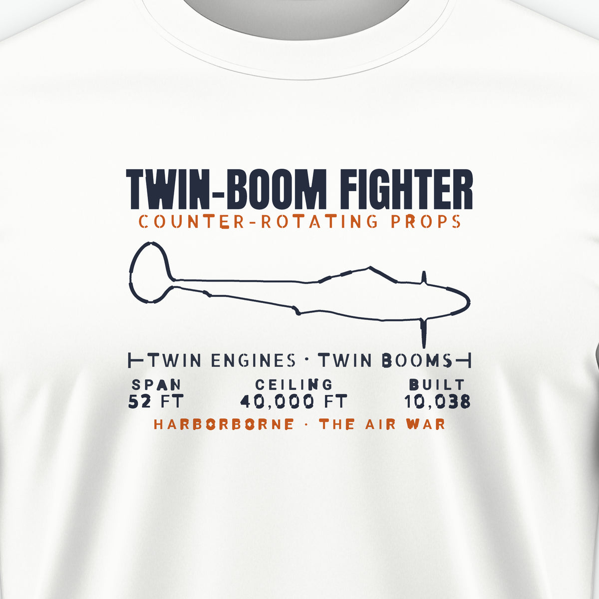 Twin-Boom Fighter Blueprint Tee, front print detail: our side-view outline of a P-38J/L, no markings