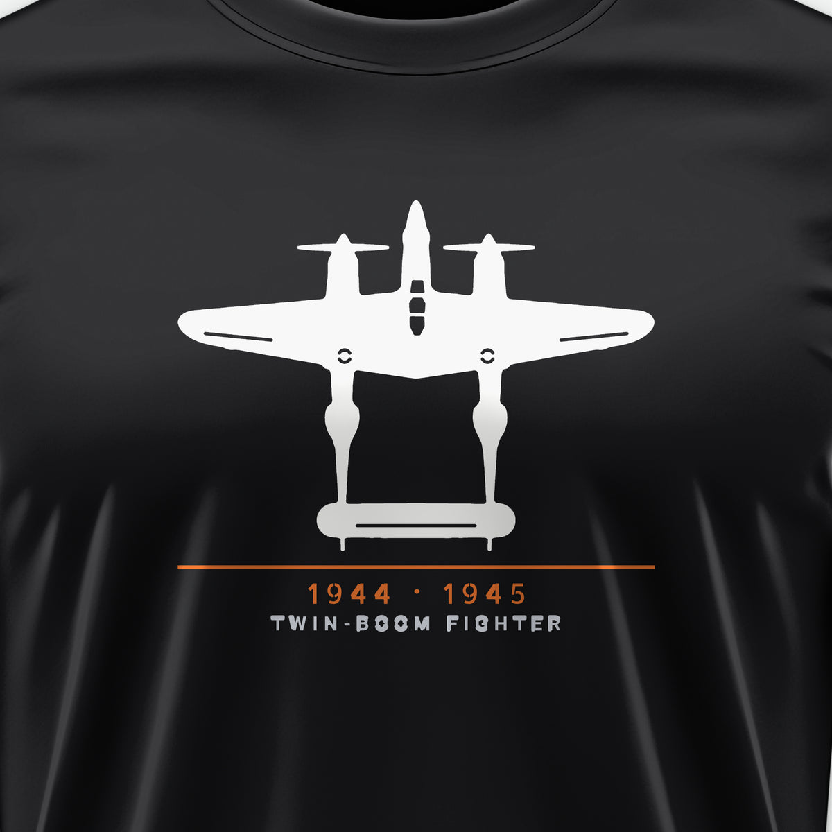Twin-Boom Fighter 1944–45 Tee, front print detail: our top-view drawing of a P-38J/L, no markings