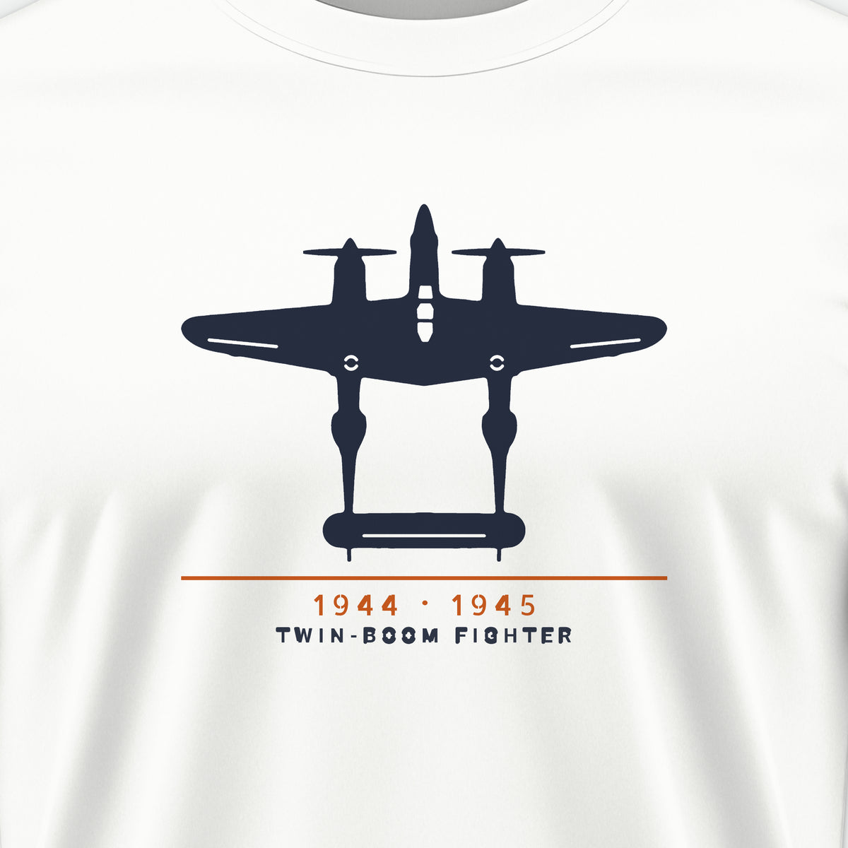 Twin-Boom Fighter 1944–45 Tee, front print detail: our top-view drawing of a P-38J/L, no markings