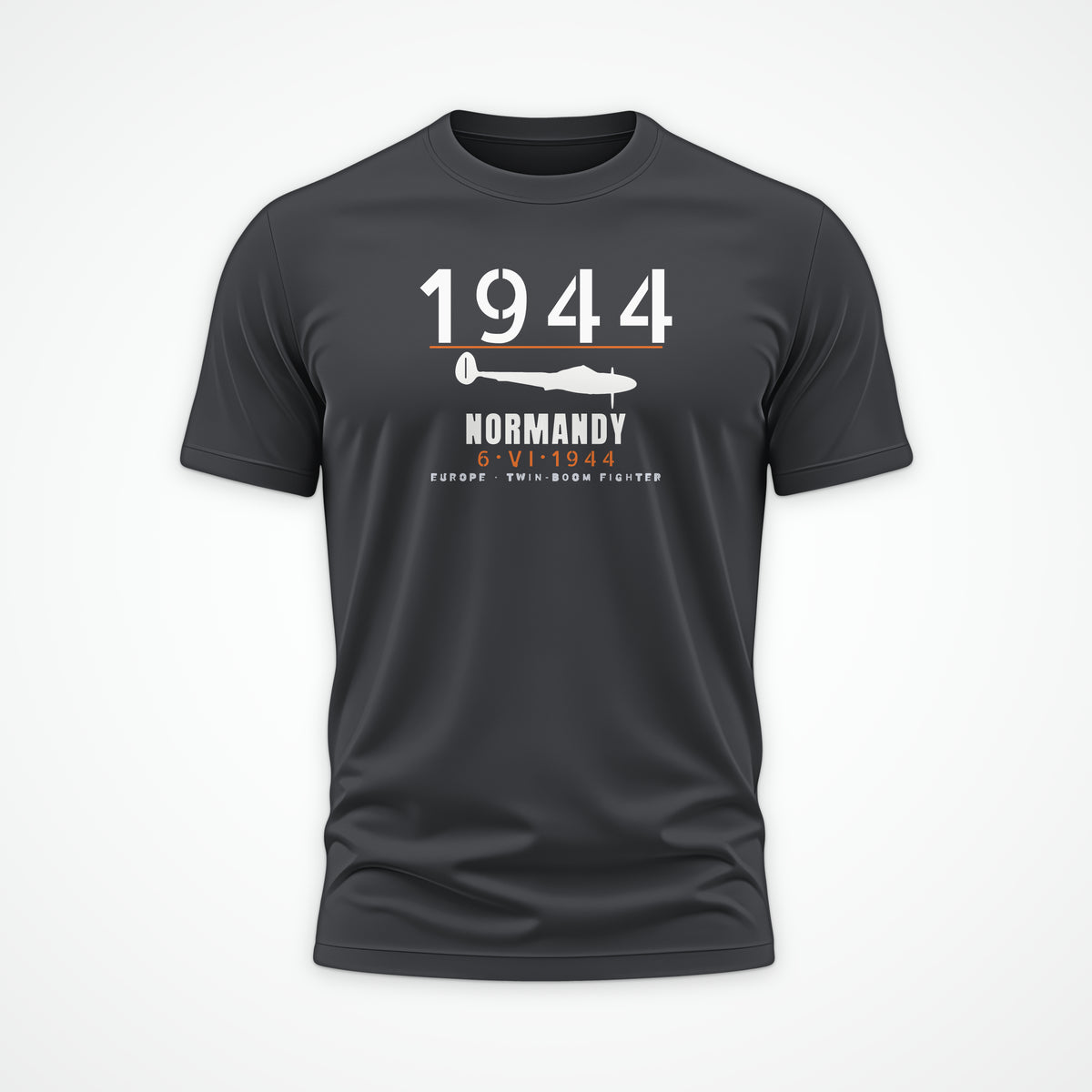 Normandy 1944 Twin-Boom Fighter Tee in Charcoal