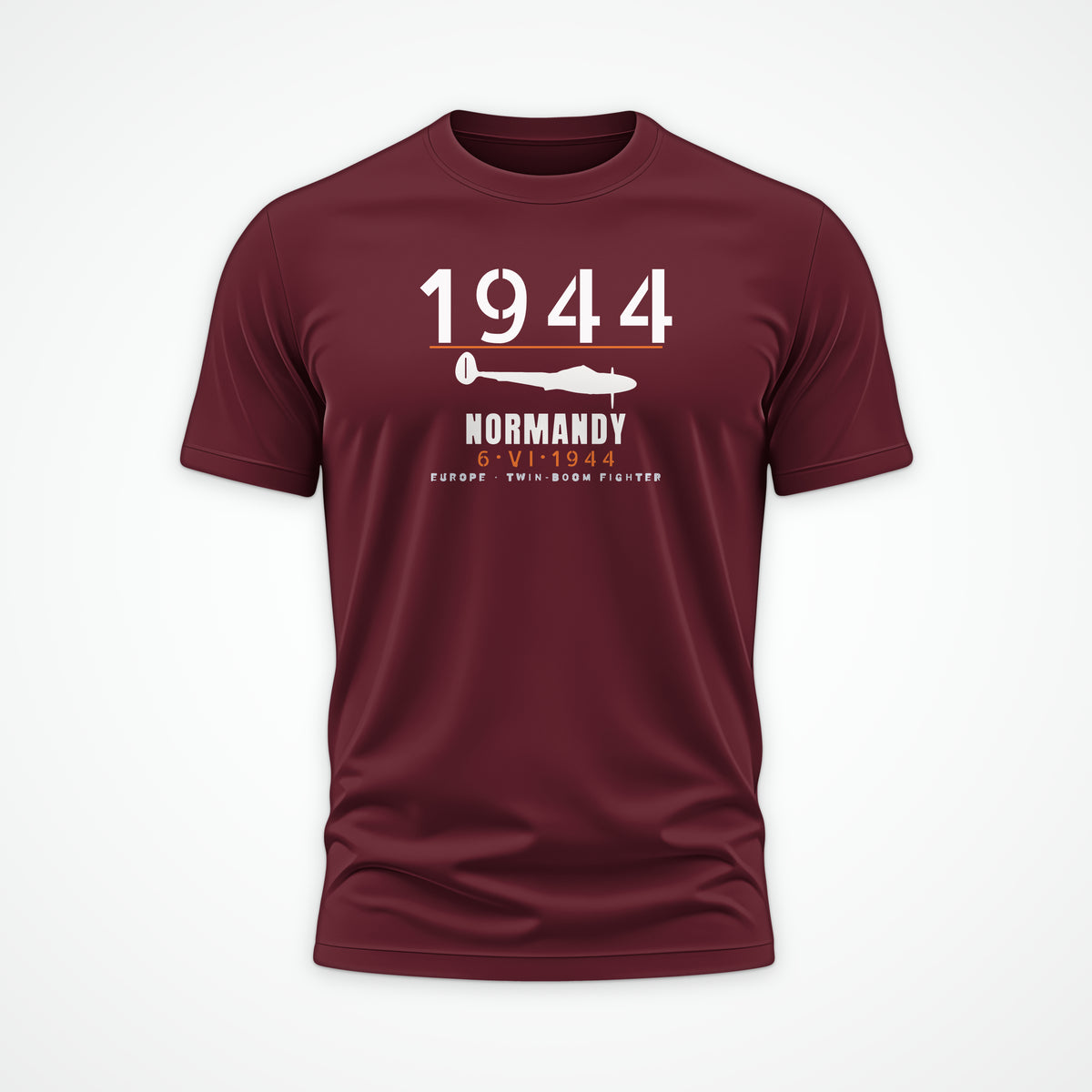 Normandy 1944 Twin-Boom Fighter Tee in Maroon