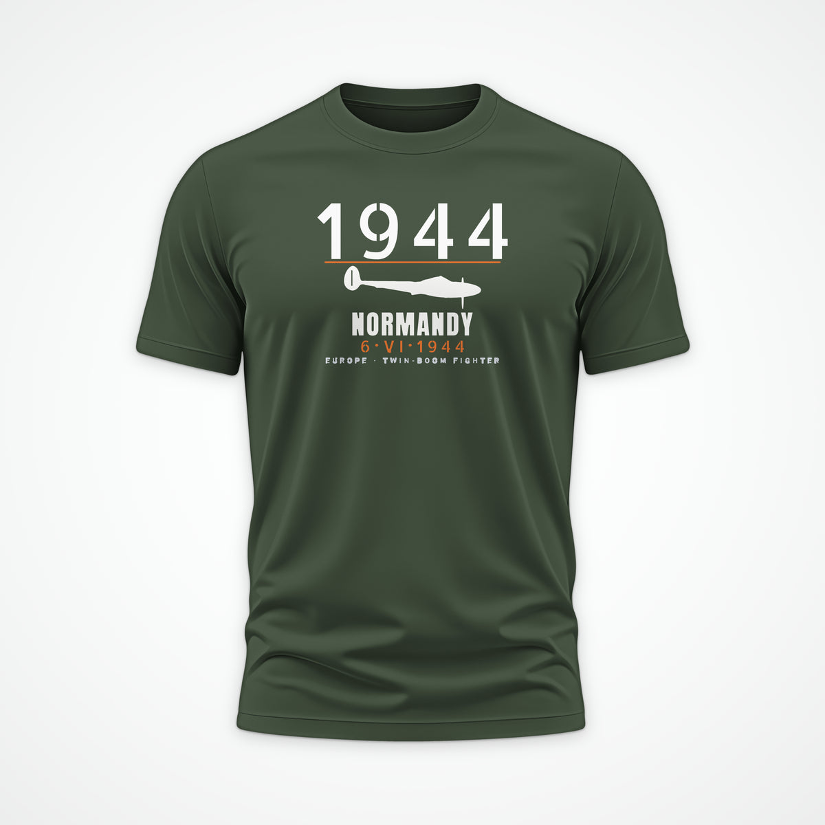 Normandy 1944 Twin-Boom Fighter Tee in Military Green