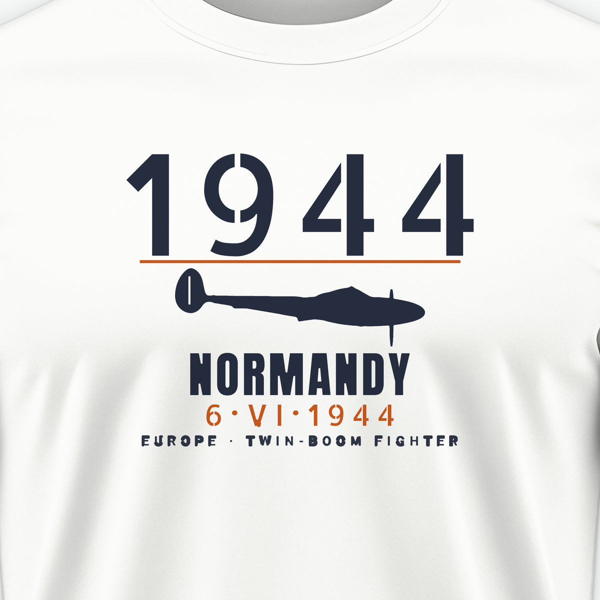 Normandy 1944 Twin-Boom Fighter Tee, front print detail: our side-view drawing of a P-38J/L, no markings