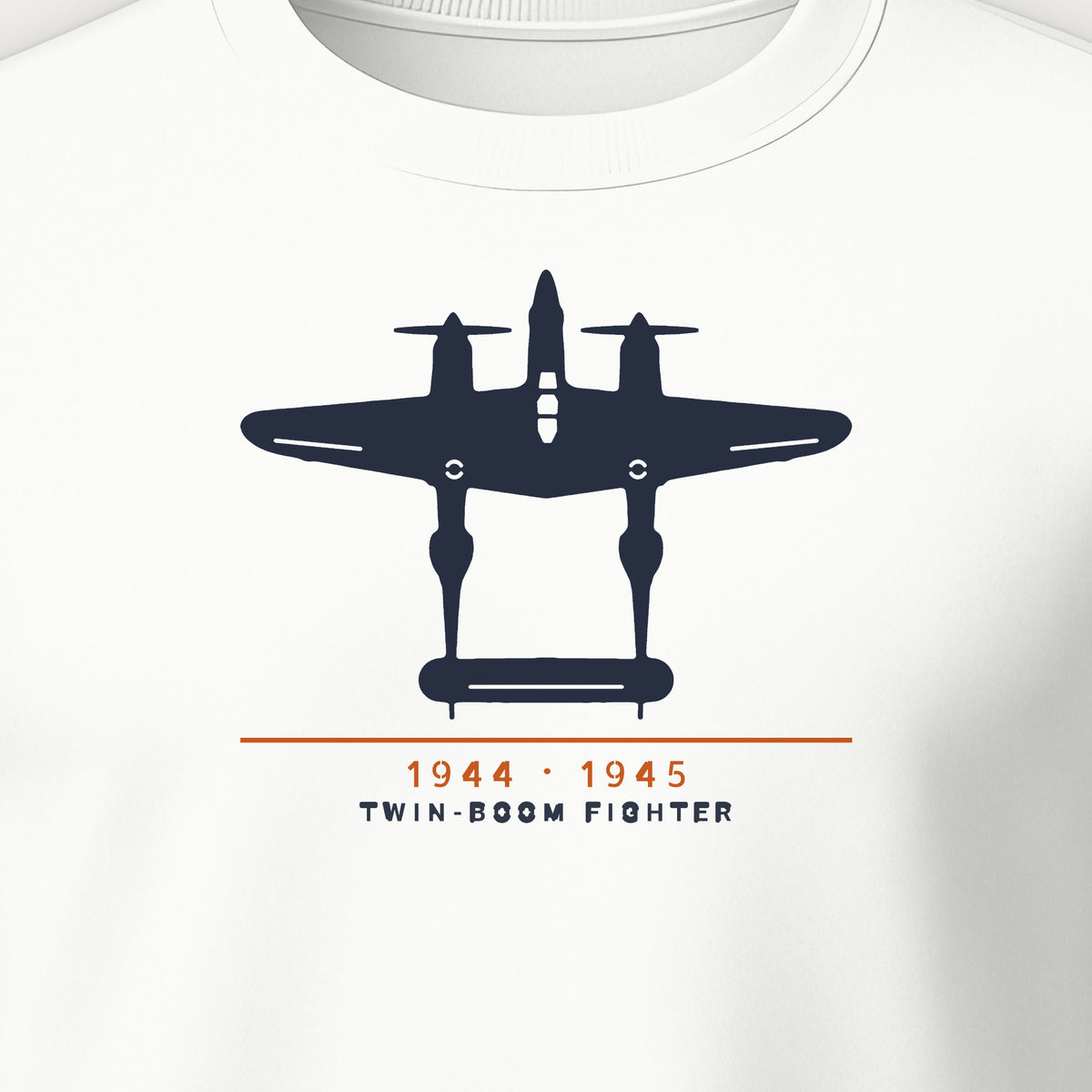 Twin-Boom Fighter 1944–45 Crewneck Sweatshirt, front print detail: our top-view drawing of a P-38J/L, no markings