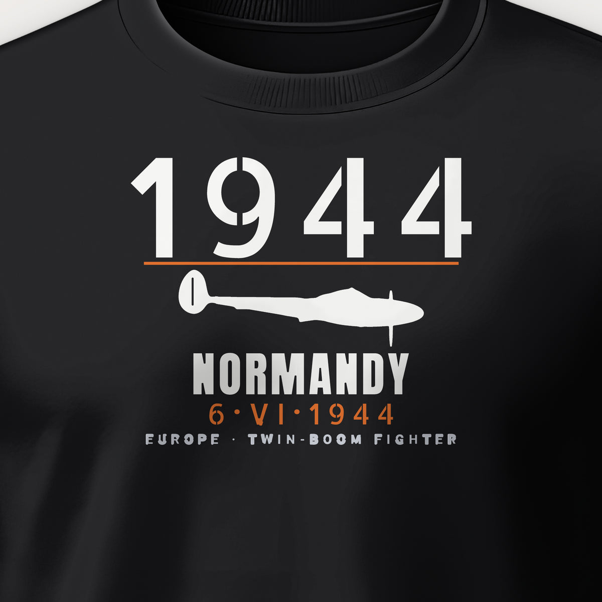 Normandy 1944 Twin-Boom Fighter Crewneck Sweatshirt, front print detail: our side-view drawing of a P-38J/L, no markings