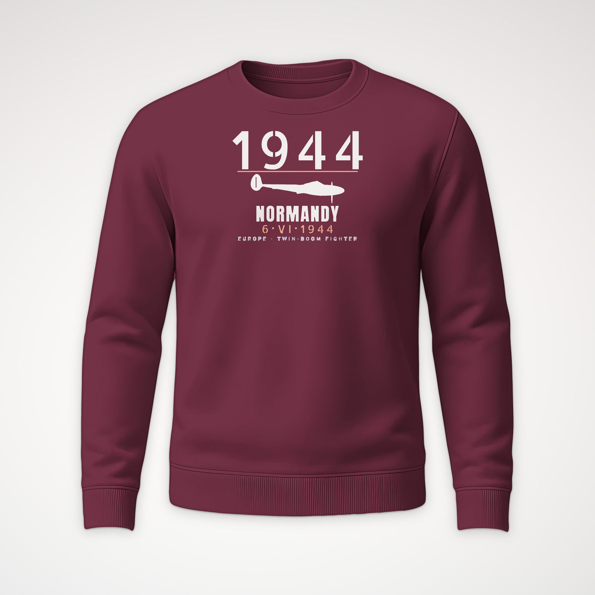 Normandy 1944 Twin-Boom Fighter Crewneck Sweatshirt in Maroon