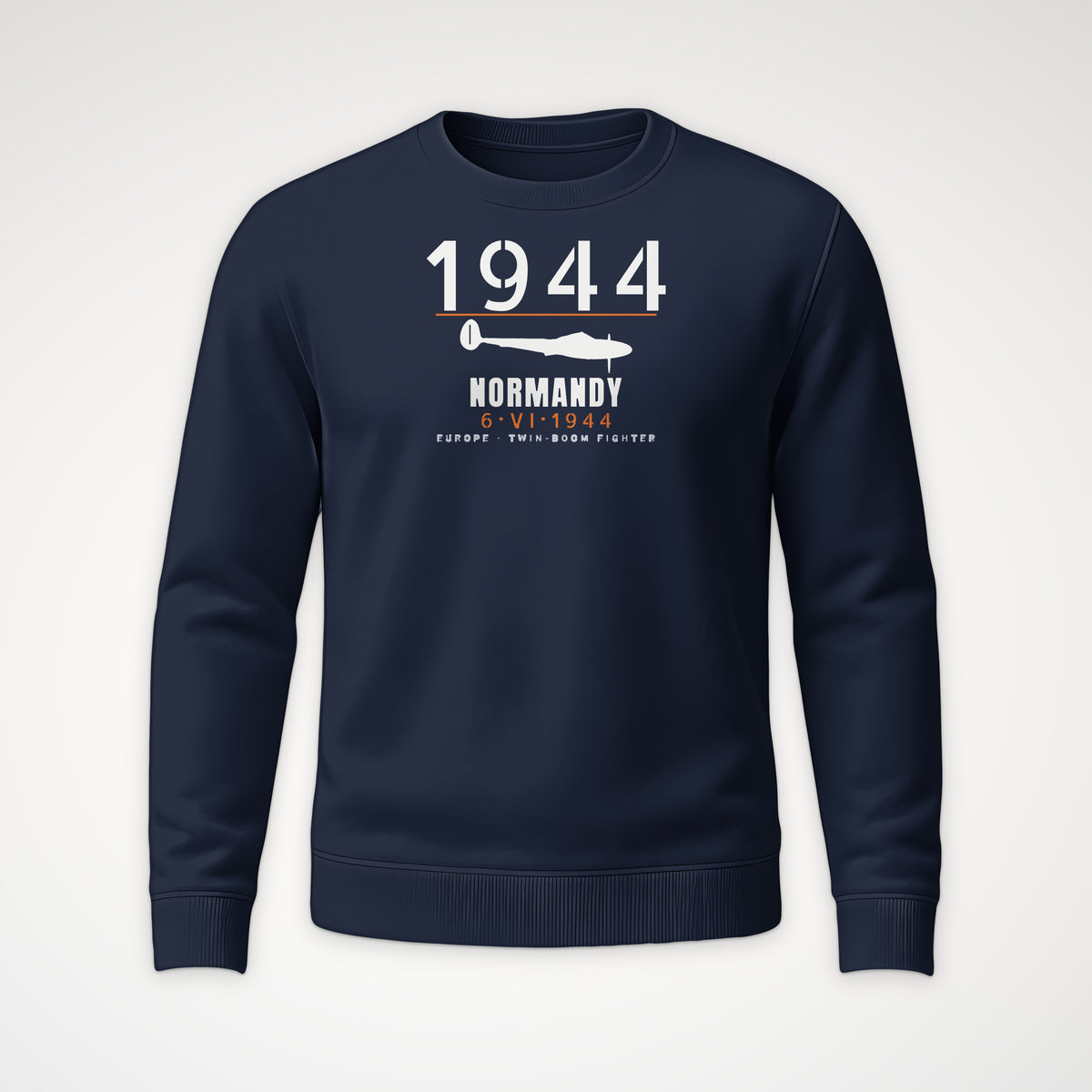 Normandy 1944 Twin-Boom Fighter Crewneck Sweatshirt in Navy