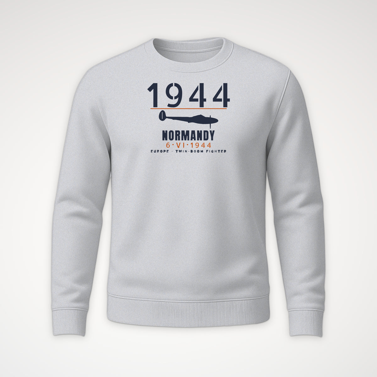 Normandy 1944 Twin-Boom Fighter Crewneck Sweatshirt in Sport Grey