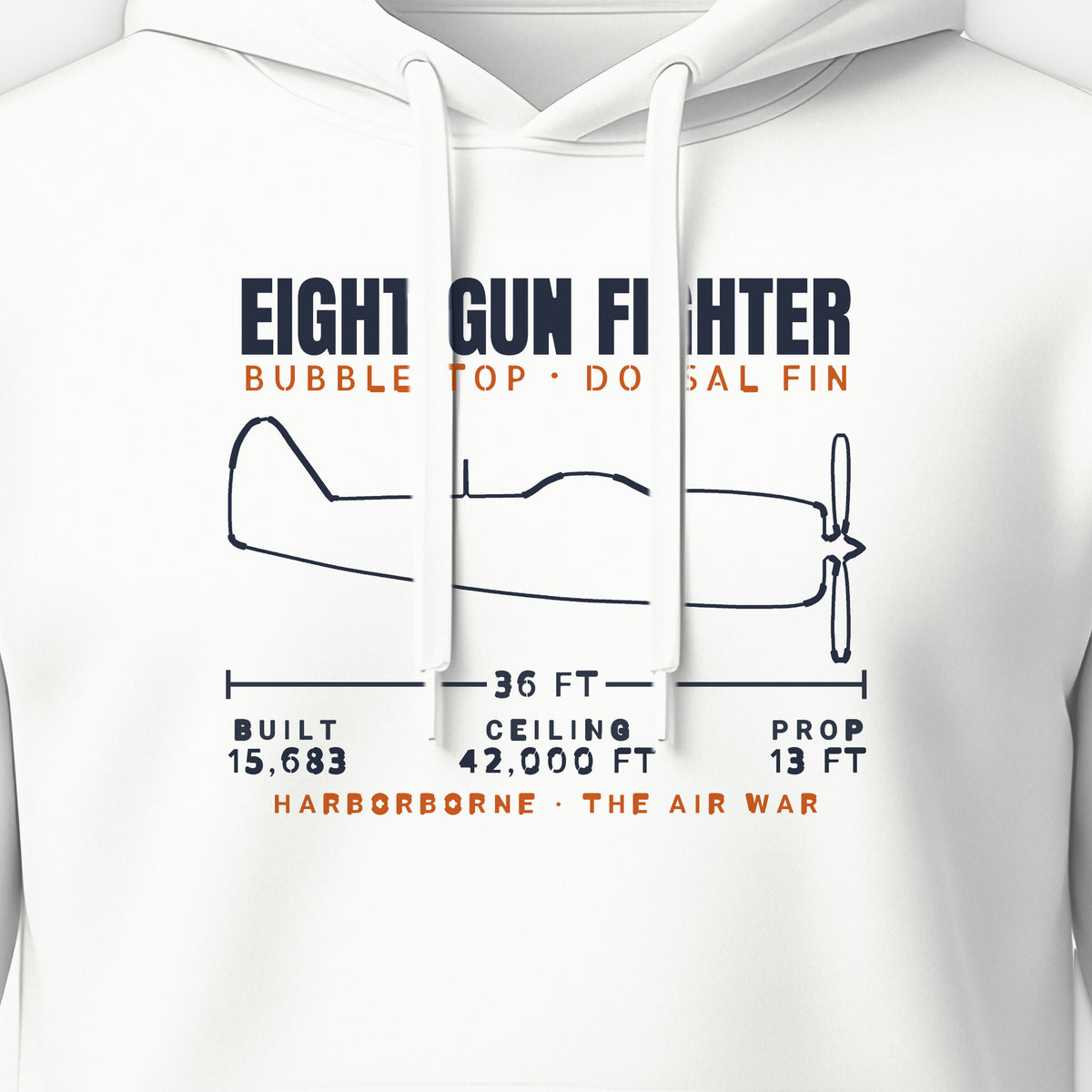 Eight-Gun Fighter Blueprint Hoodie, front print detail: our side-view outline of a P-47D, no markings