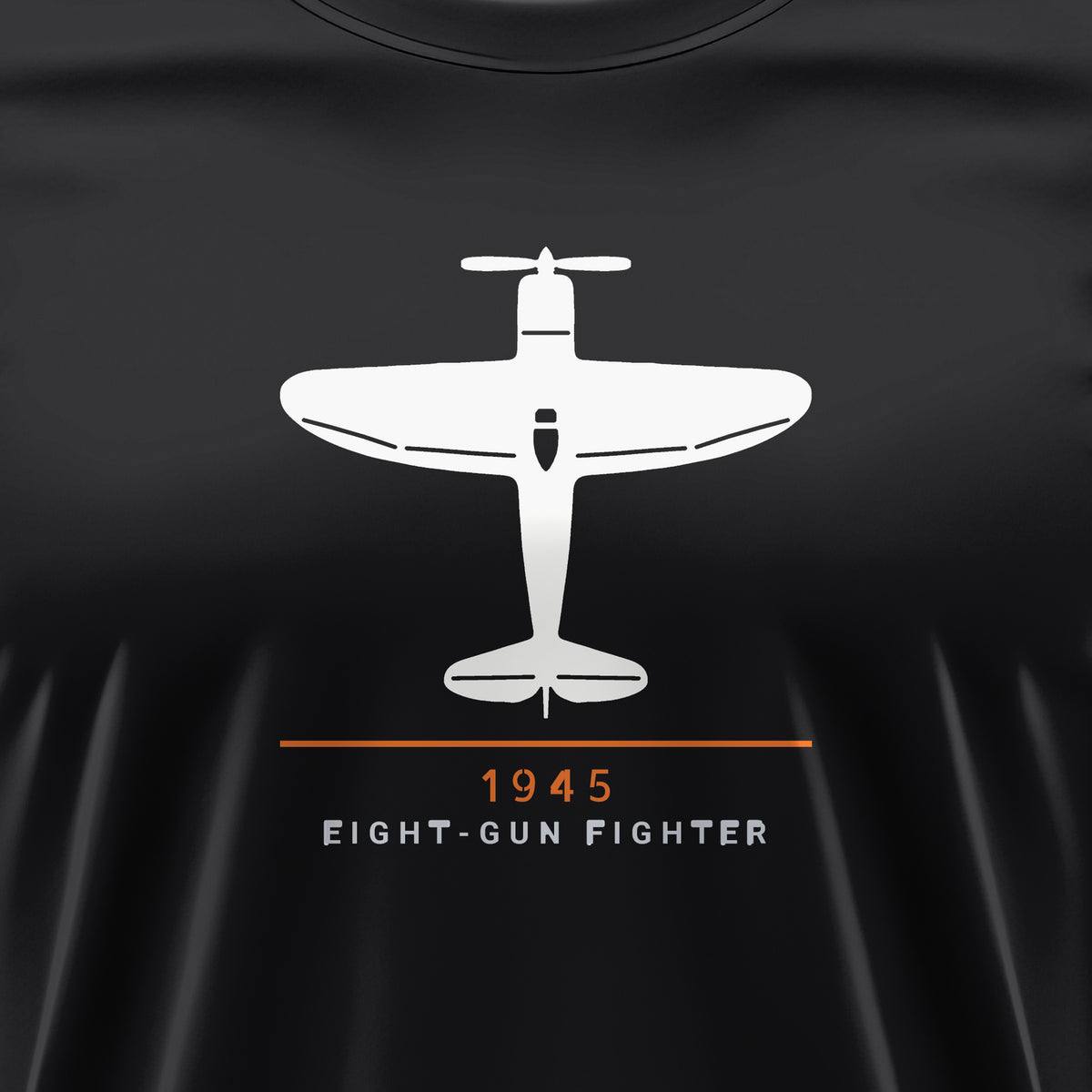 Eight-Gun Fighter 1945 Tee, front print detail: our top-view drawing of a P-47D, no markings