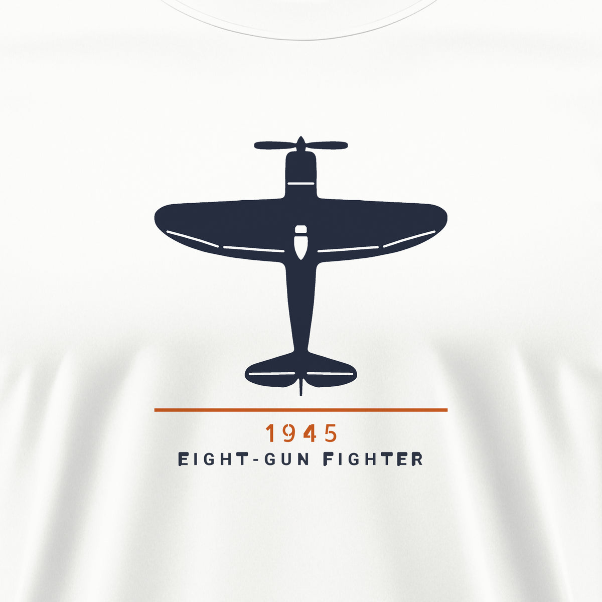 Eight-Gun Fighter 1945 Tee, front print detail: our top-view drawing of a P-47D, no markings