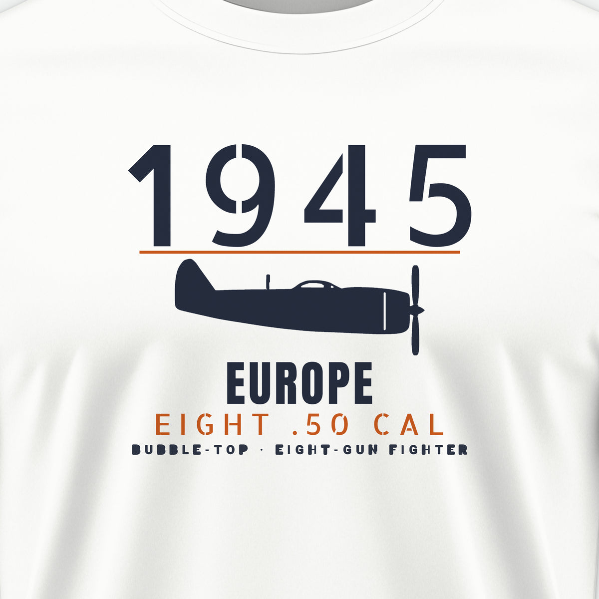Europe 1945 Eight-Gun Fighter Tee, front print detail: our side-view drawing of a P-47D, no markings