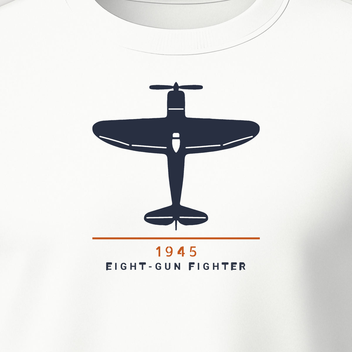 Eight-Gun Fighter 1945 Crewneck Sweatshirt, front print detail: our top-view drawing of a P-47D, no markings