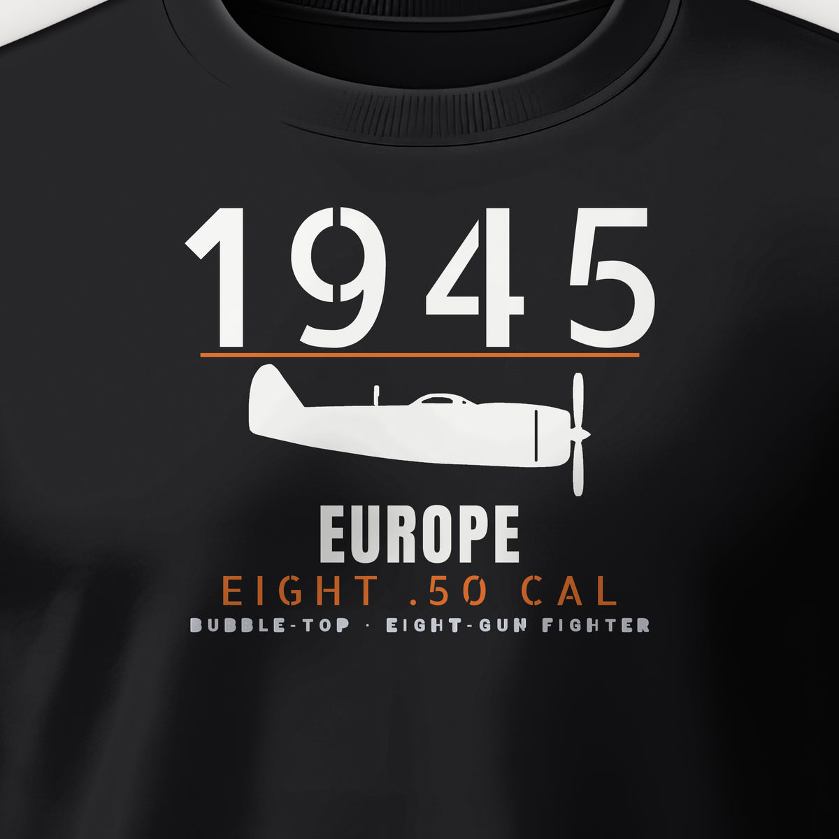 Europe 1945 Eight-Gun Fighter Crewneck Sweatshirt, front print detail: our side-view drawing of a P-47D, no markings