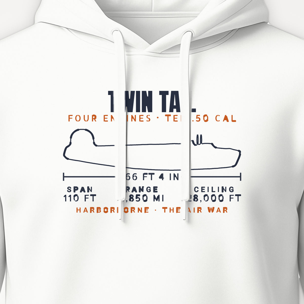 Twin-Tail Heavy Bomber Blueprint Hoodie, front print detail: our side-view outline of a twin-tail heavy bomber with its specifications