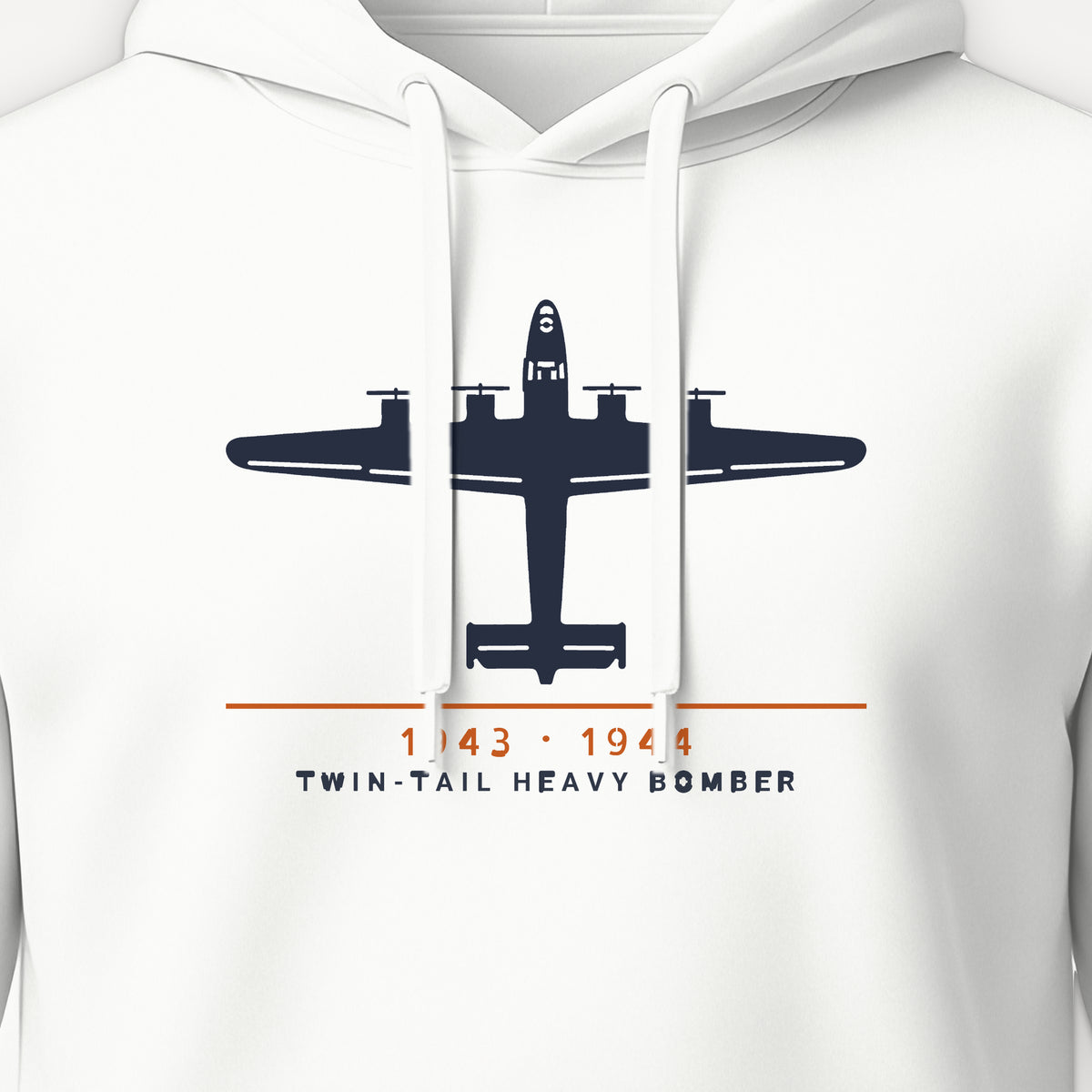 Twin-Tail Heavy Bomber 1943–44 Hoodie, front print detail: our top-view drawing of a twin-tail heavy bomber, no markings