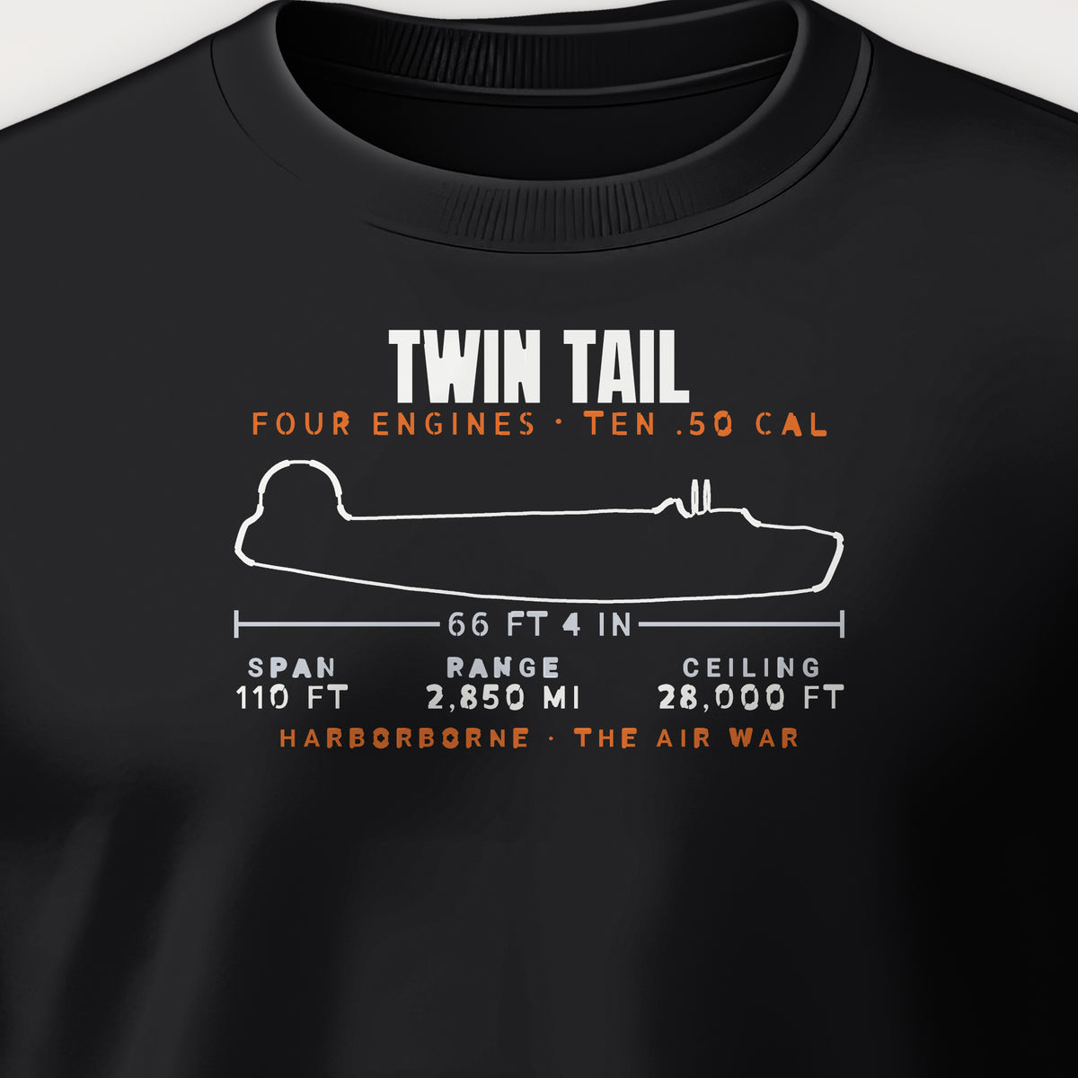Twin-Tail Heavy Bomber Blueprint Crewneck Sweatshirt, front print detail: our side-view outline of a twin-tail heavy bomber with its specifications
