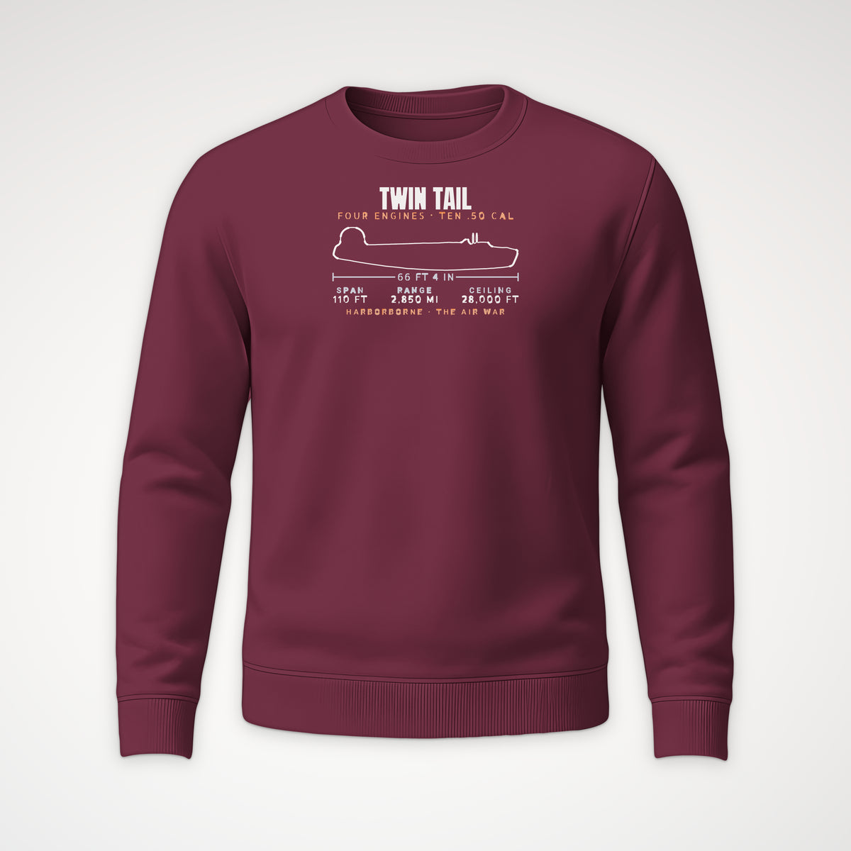 Twin-Tail Heavy Bomber Blueprint Crewneck Sweatshirt in Maroon