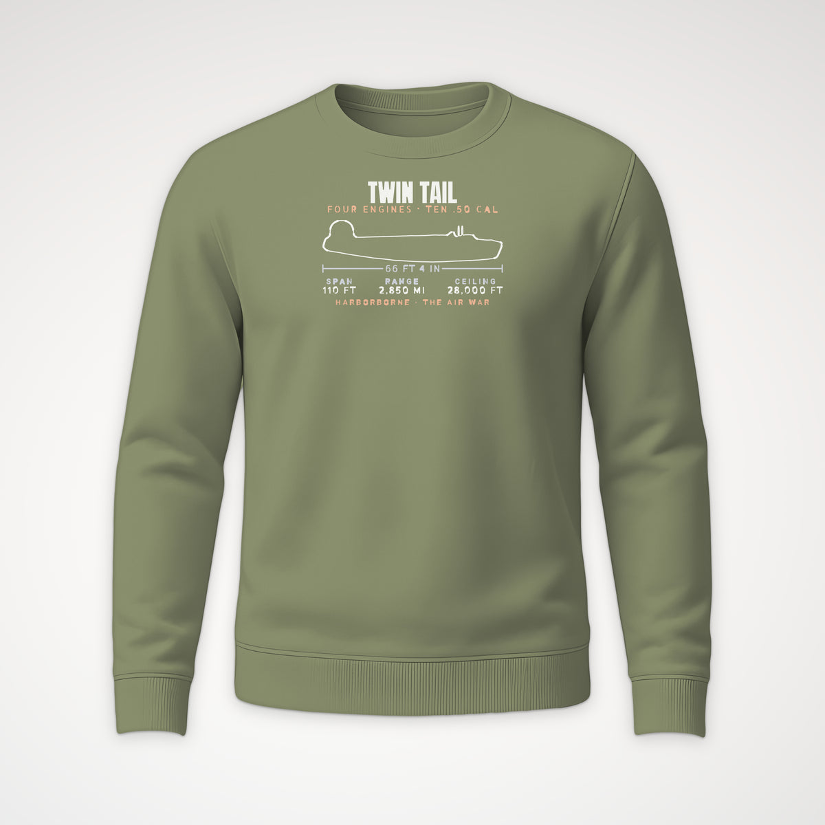 Twin-Tail Heavy Bomber Blueprint Crewneck Sweatshirt in Military Green