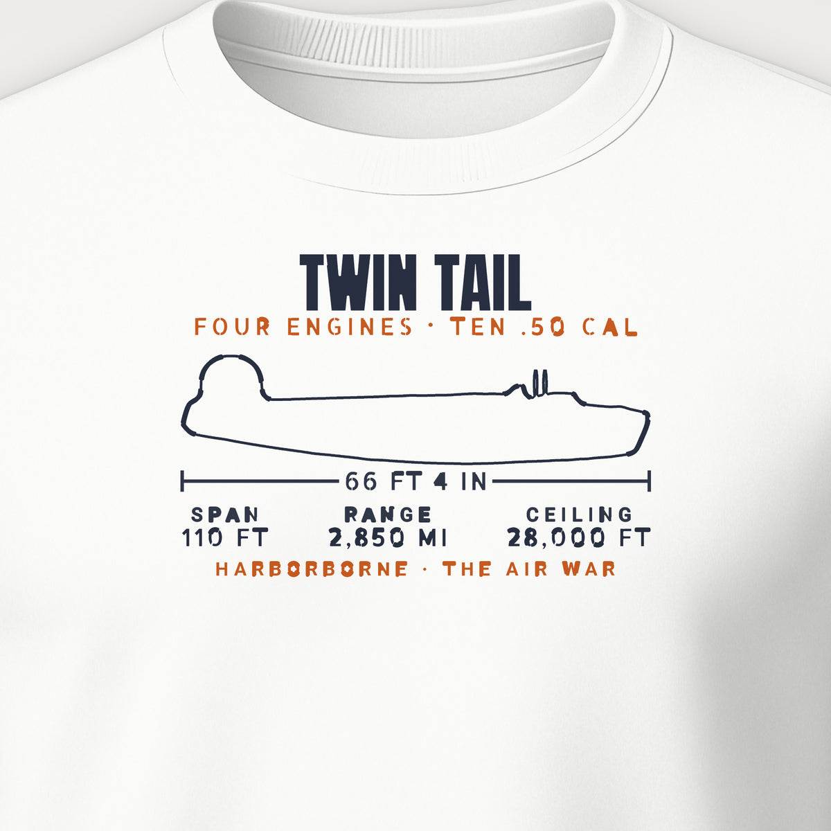 Twin-Tail Heavy Bomber Blueprint Crewneck Sweatshirt, front print detail: our side-view outline of a twin-tail heavy bomber with its specifications