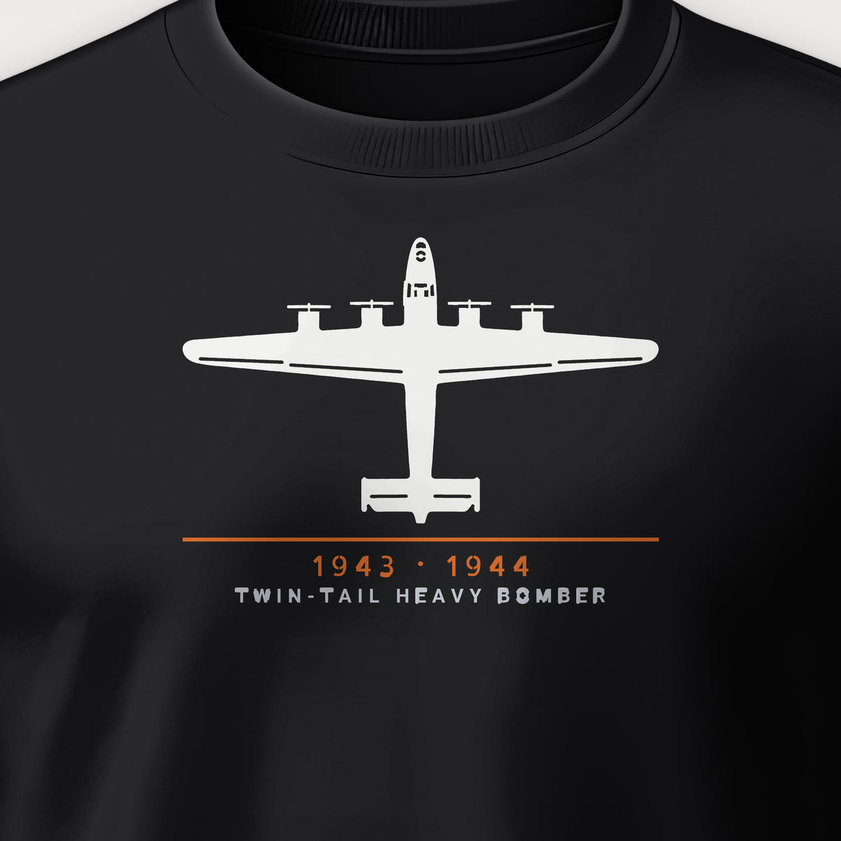 Twin-Tail Heavy Bomber 1943–44 Crewneck Sweatshirt, front print detail: our top-view drawing of a twin-tail heavy bomber, no markings