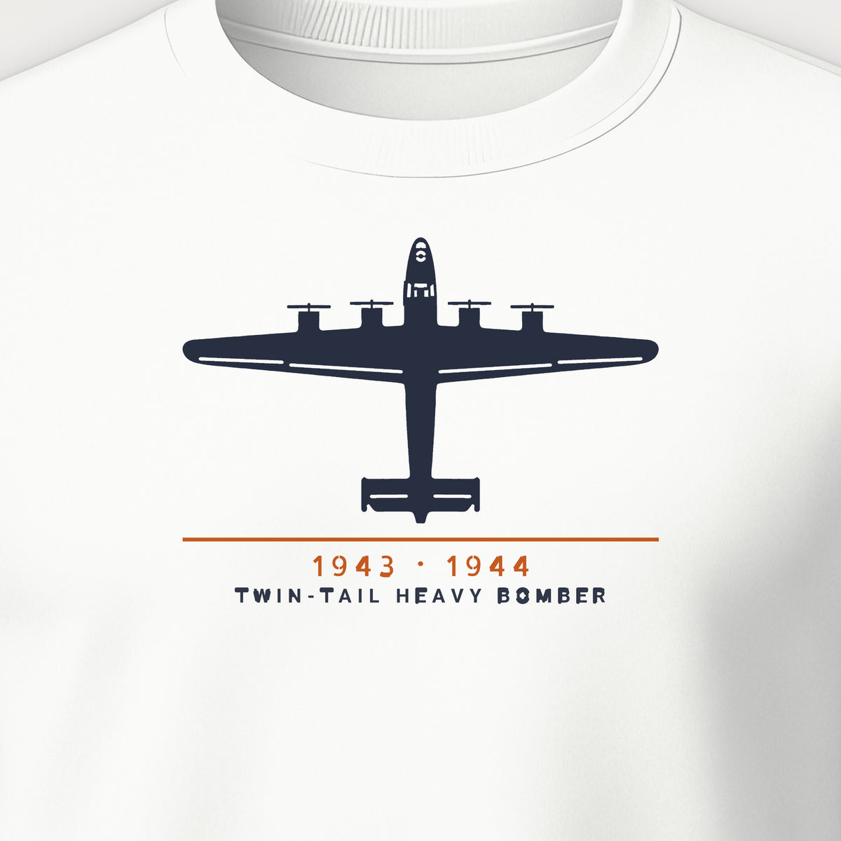Twin-Tail Heavy Bomber 1943–44 Crewneck Sweatshirt, front print detail: our top-view drawing of a twin-tail heavy bomber, no markings