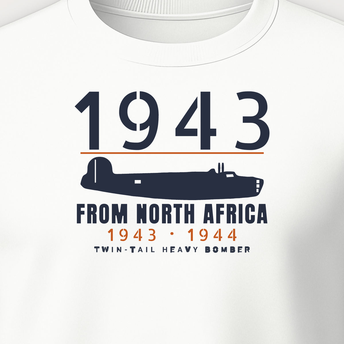 North Africa Twin-Tail Bomber 1943–44 Crewneck Sweatshirt, front print detail: our side-view drawing of a twin-tail heavy bomber, no markings