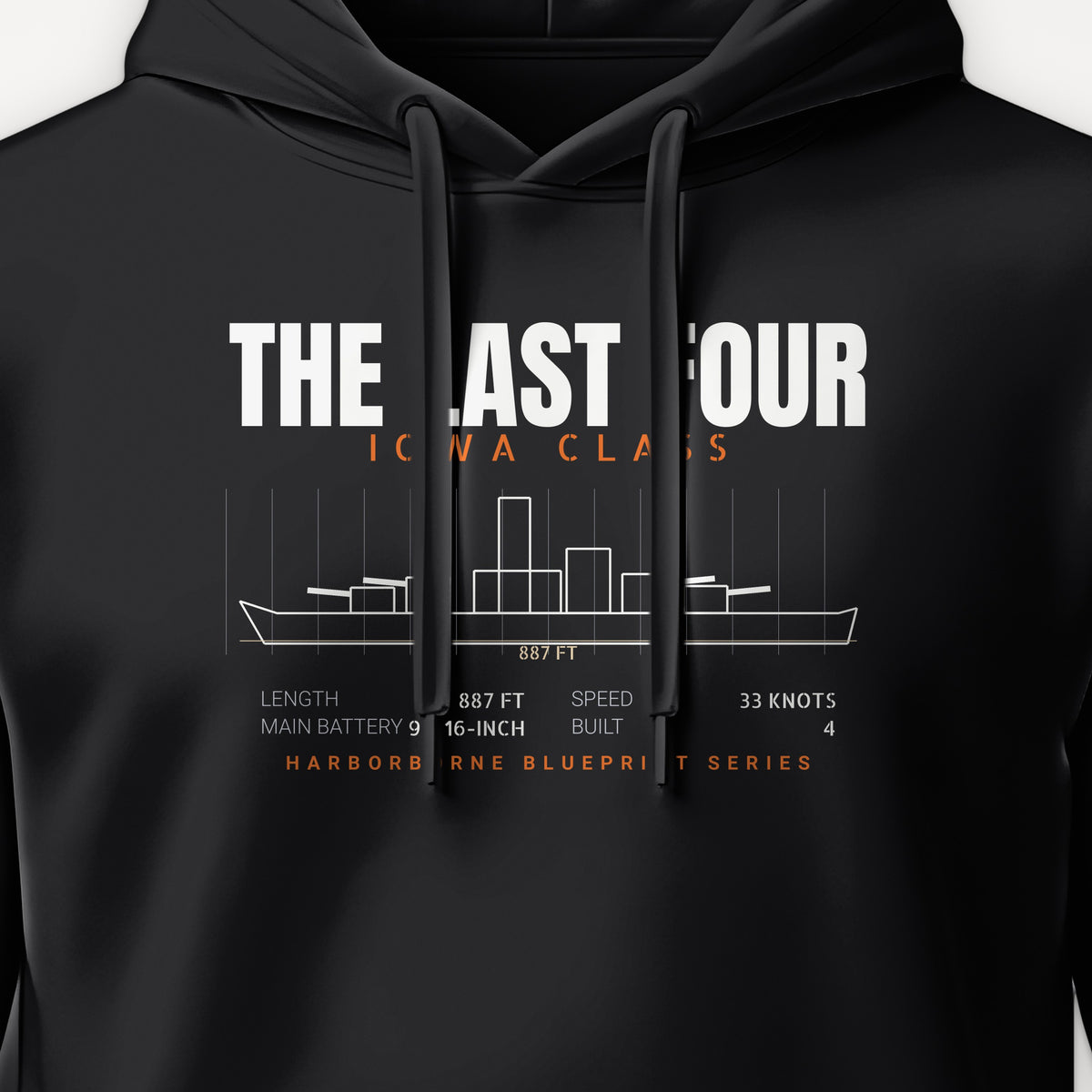 The Last Four Iowa-Class Blueprint Hoodie, front print detail