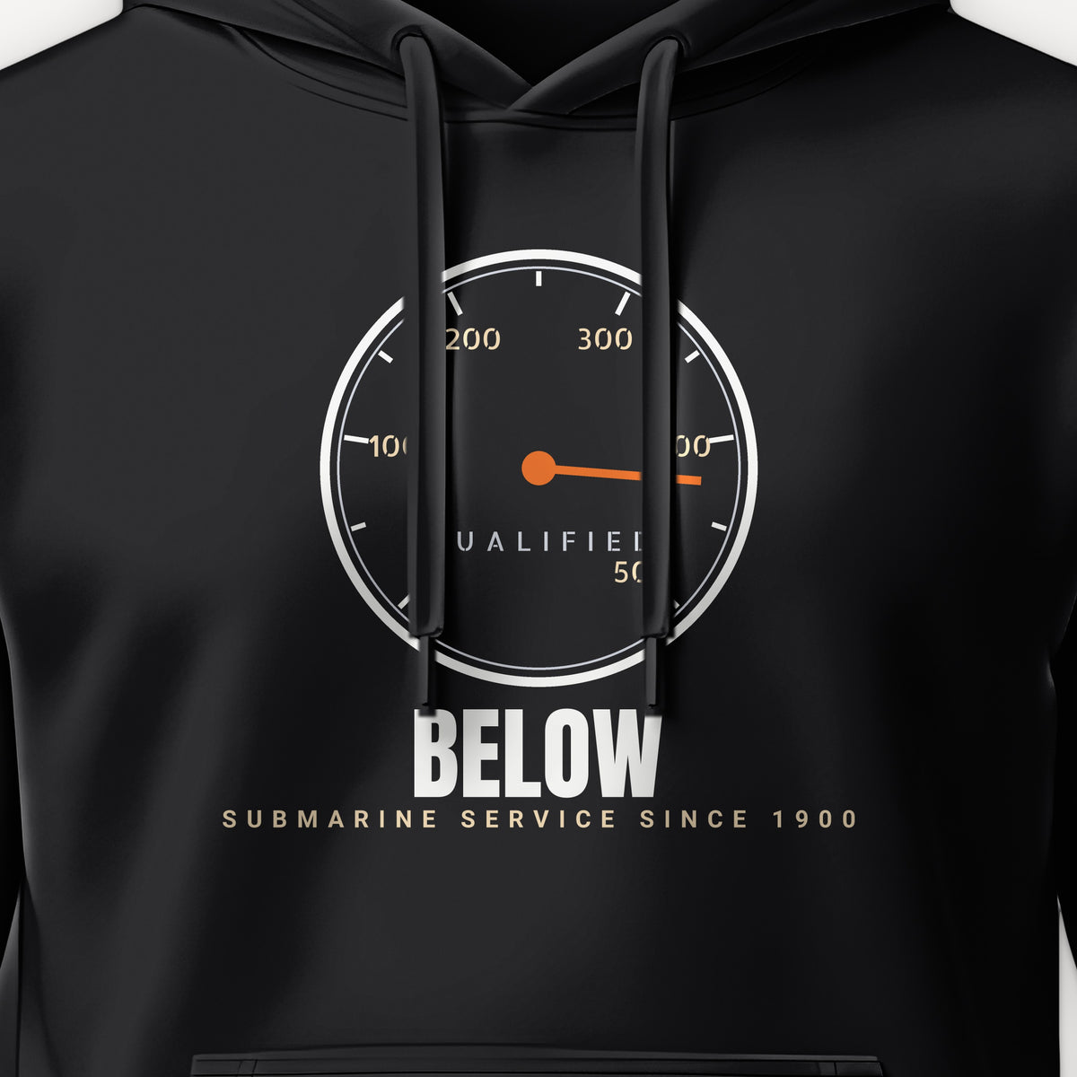 Qualified Below Depth Dial Hoodie, front print detail