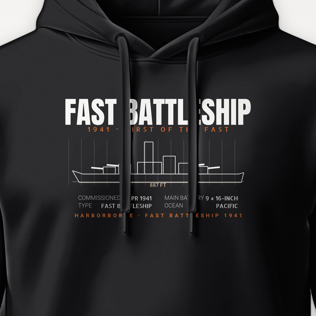 Fast Battleship 1941 Blueprint Hoodie, front print detail