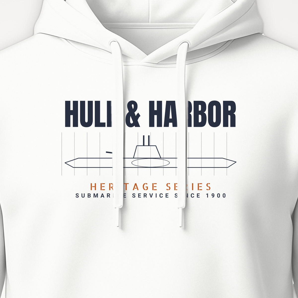 Hull & Harbor Heritage Blueprint Hoodie, front print detail