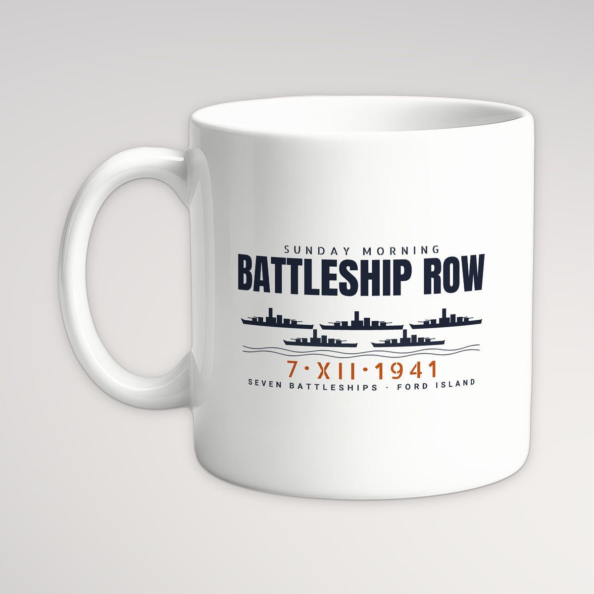 Battleship Row Sunday Morning Mug, white mug, handle left