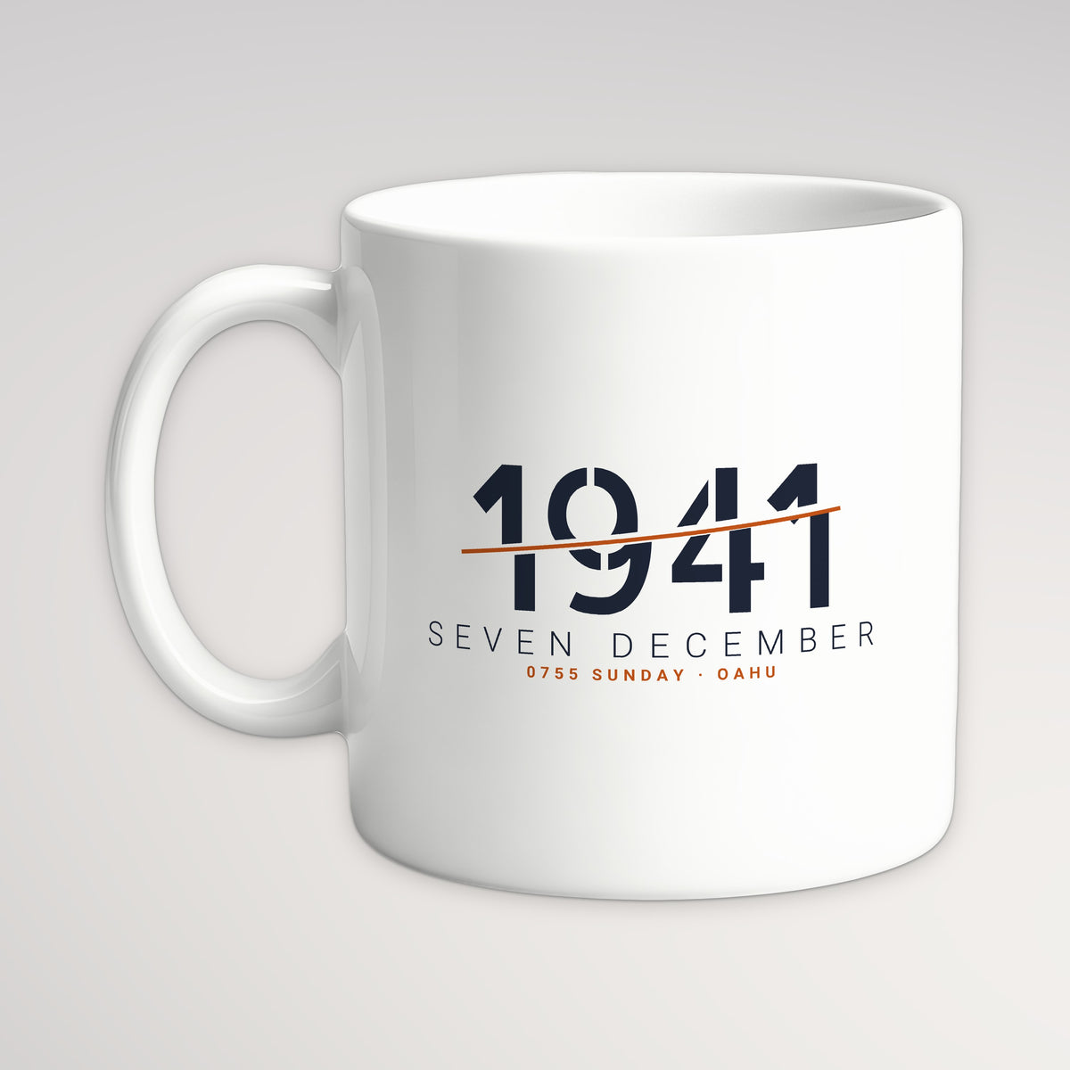 Seven December 1941 Sliced Mug, white mug, handle left