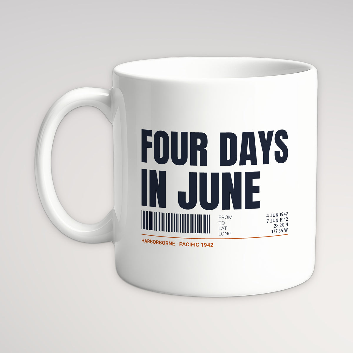 Four Days in June Tag Mug, white mug, handle left