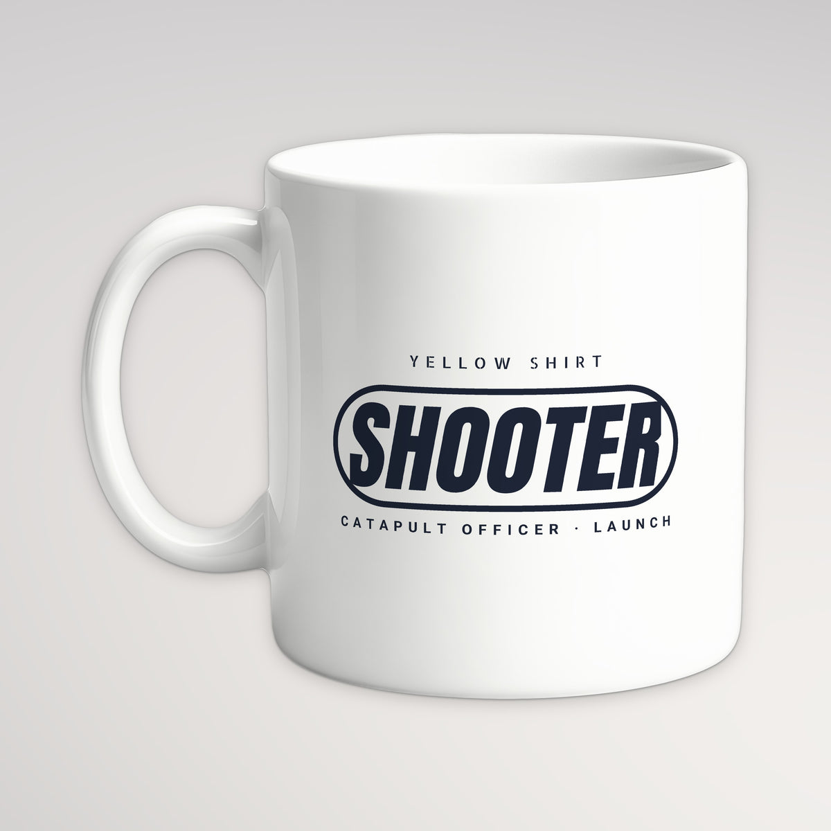 Rainbow Wardrobe Yellow Shirt Shooter Mug, white mug, handle left