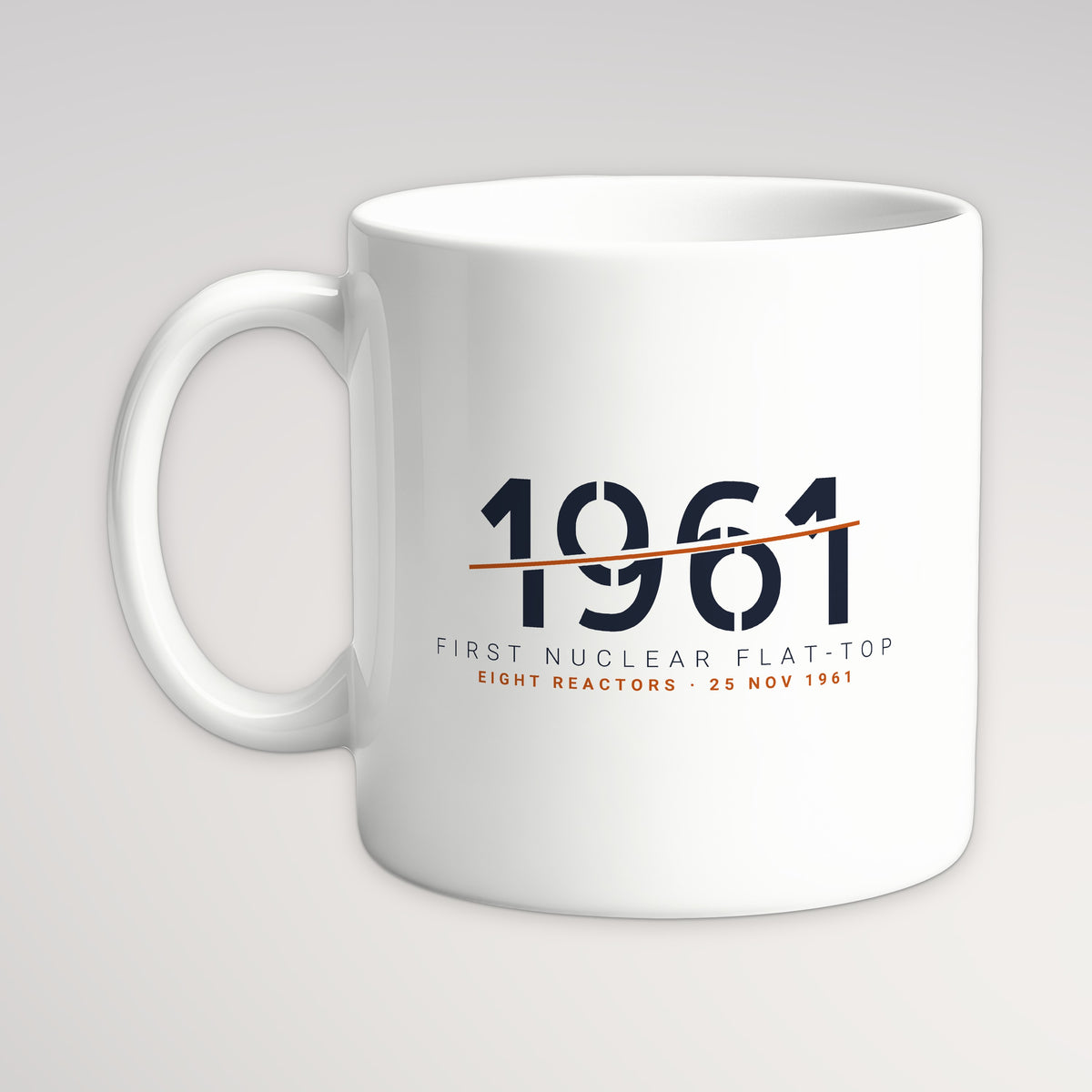 First Nuclear Flat-Top 1961 Sliced Mug, white mug, handle left