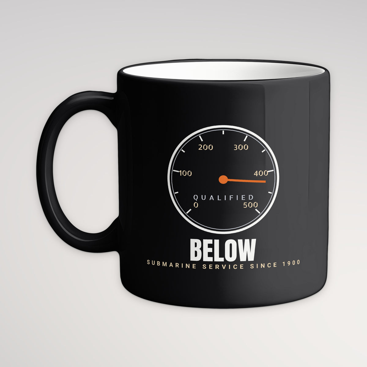 Qualified Below Depth Dial Mug, black mug, handle left