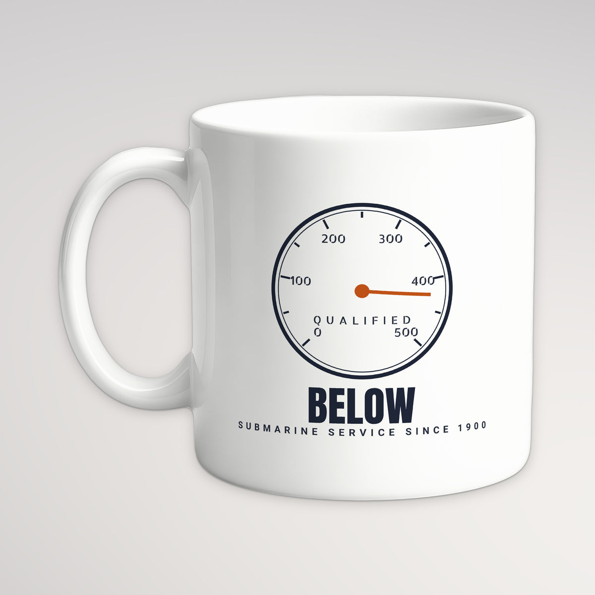 Qualified Below Depth Dial Mug, white mug, handle left