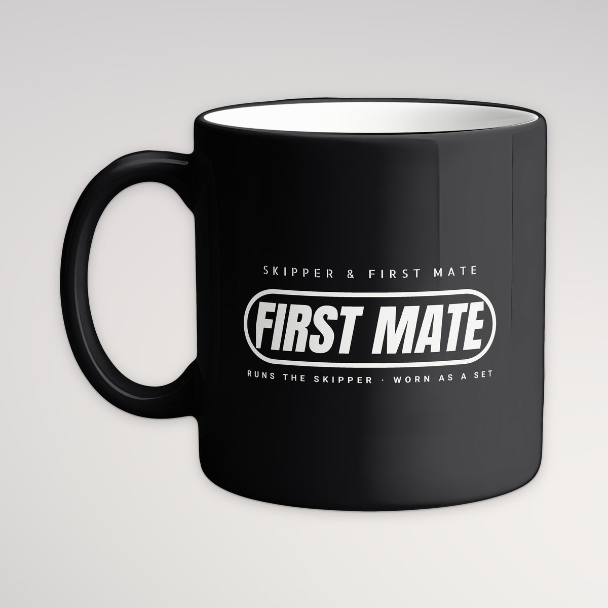 Skipper and First Mate First Mate Mug, black mug, handle left