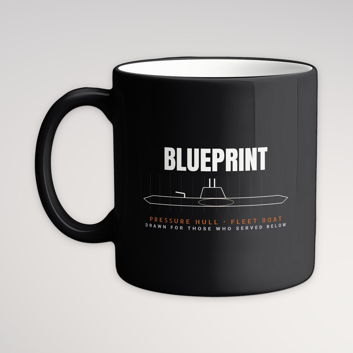 Pressure Hull Blueprint Served Below Mug, black mug, handle left