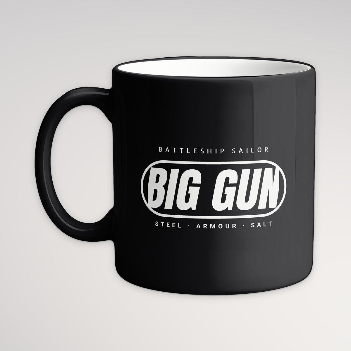 Big Gun Era Pill Mug, black mug, handle left