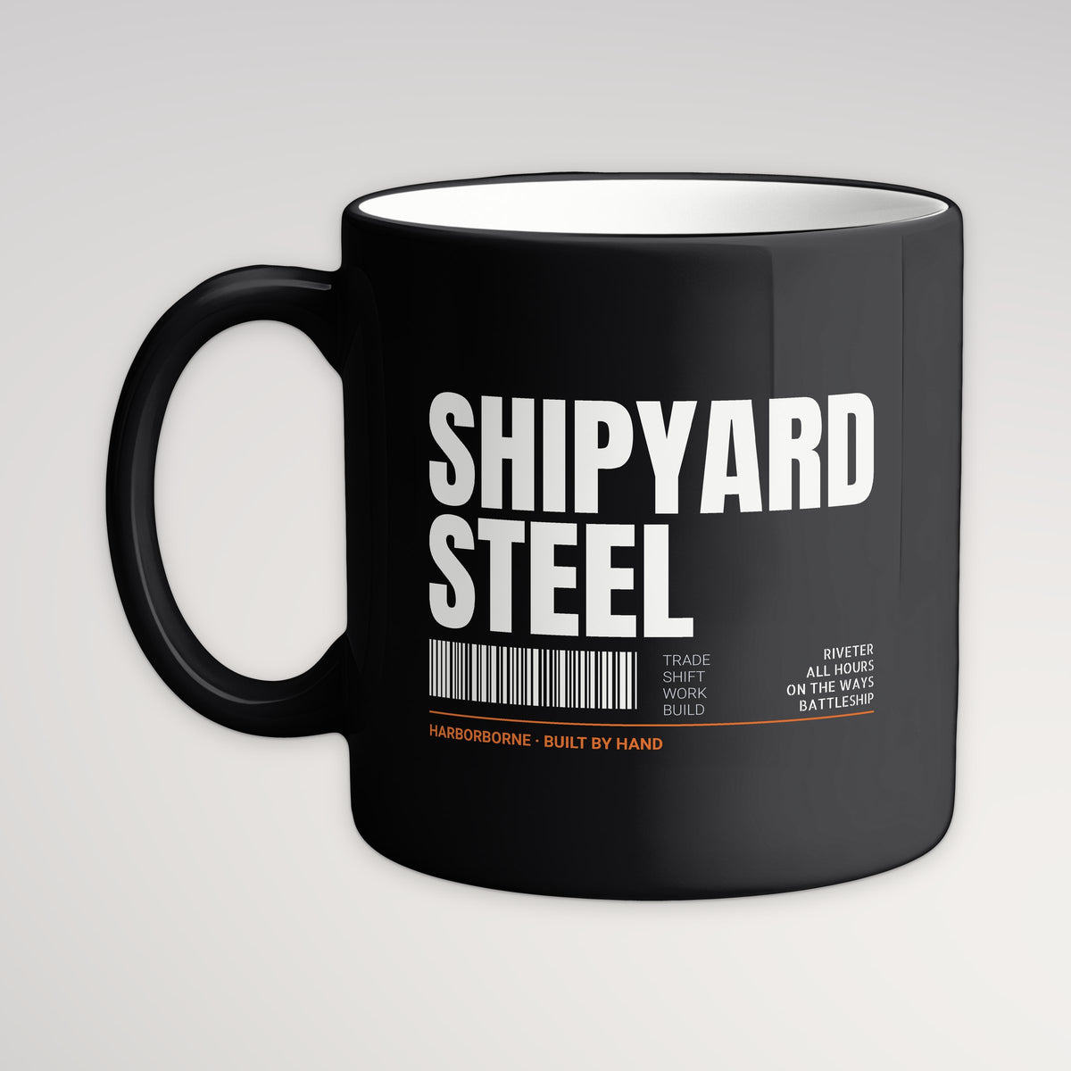 Shipyard Steel Tag Mug, black mug, handle left