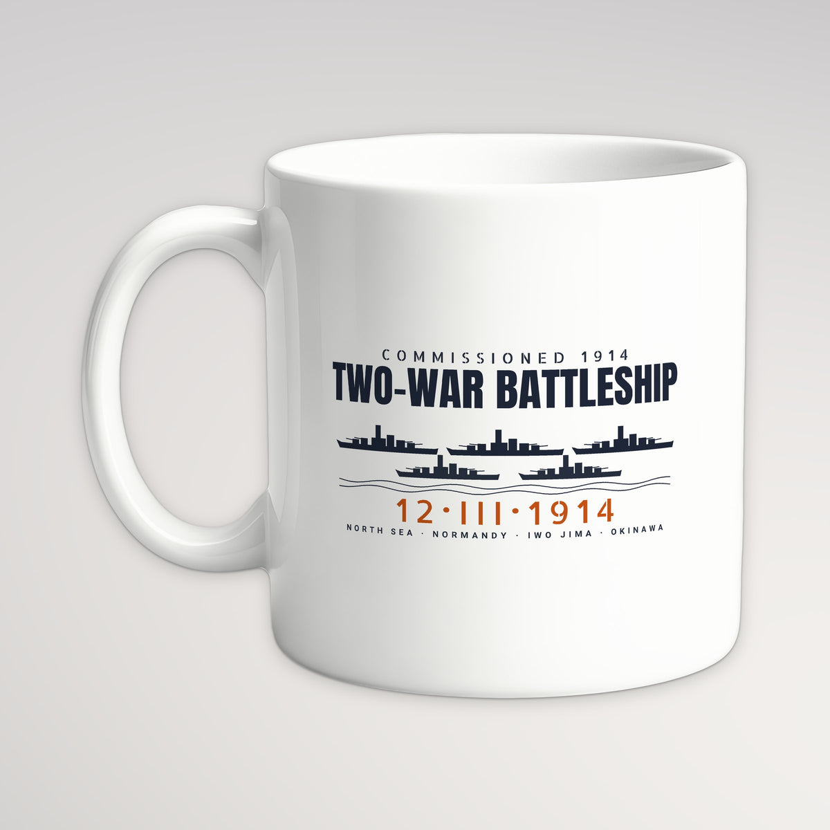 Two-War Battleship Row Mug, white mug, handle left