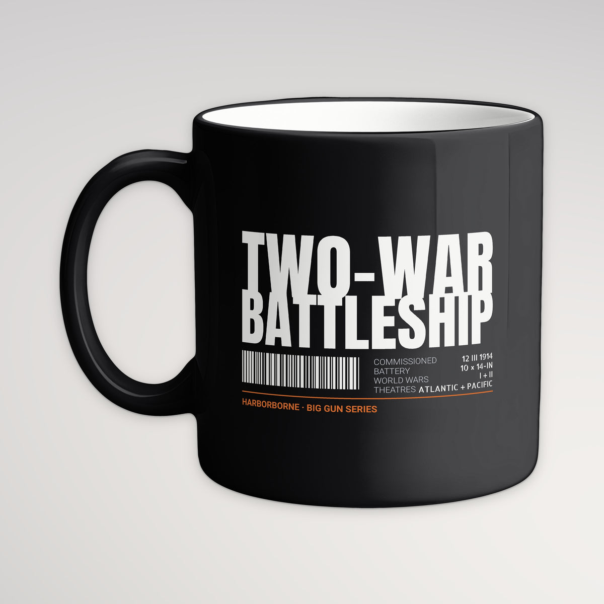 Two-War Battleship Tag Mug, black mug, handle left