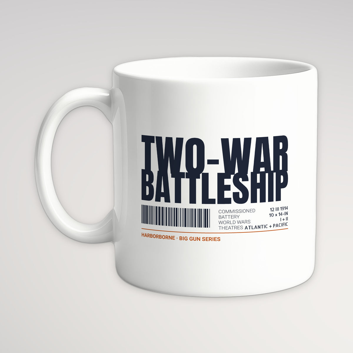 Two-War Battleship Tag Mug, white mug, handle left